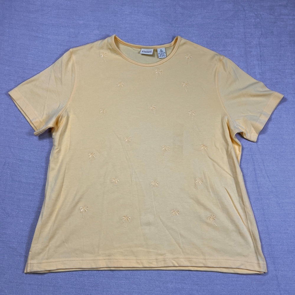 Classic Elements Womens Pastel Yellow Embroidered Palm Tree T-Shirt Size XL